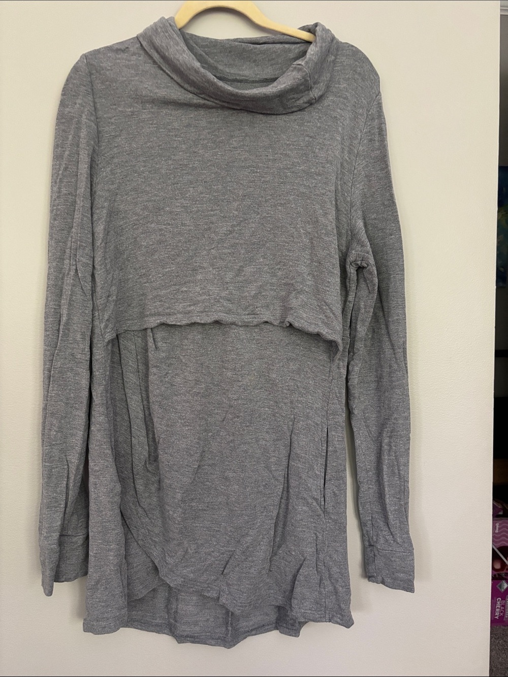 Latched Mama Maternity/Nursing Heather Gray Layered Cowl-Neck Tunic